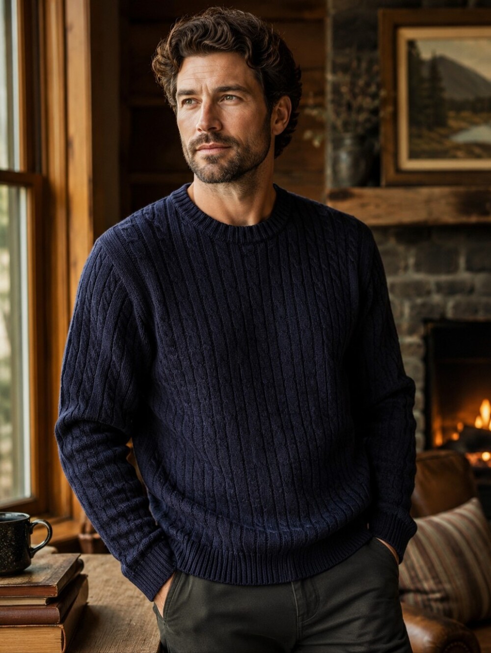 Eddie Bauer Mens Navy Sweater 100% wool Crew Neck Cable Knit